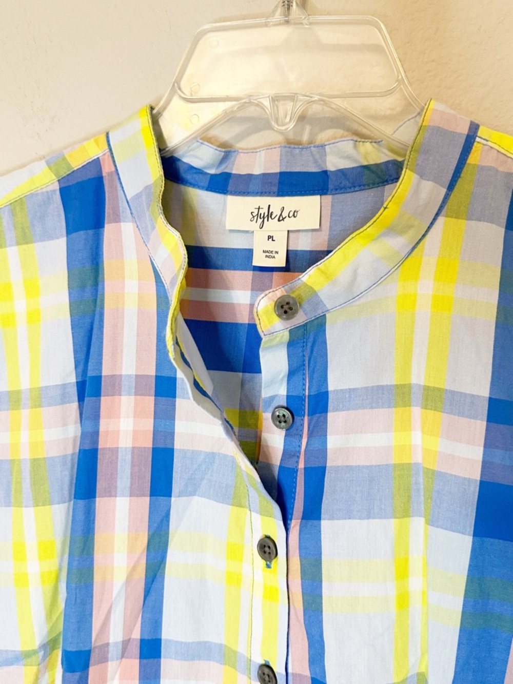 Style &Co Pink Yellow and Blue Plaid Shirtdress w/buttons Shortsleeve - LP - Picture 6 of 10